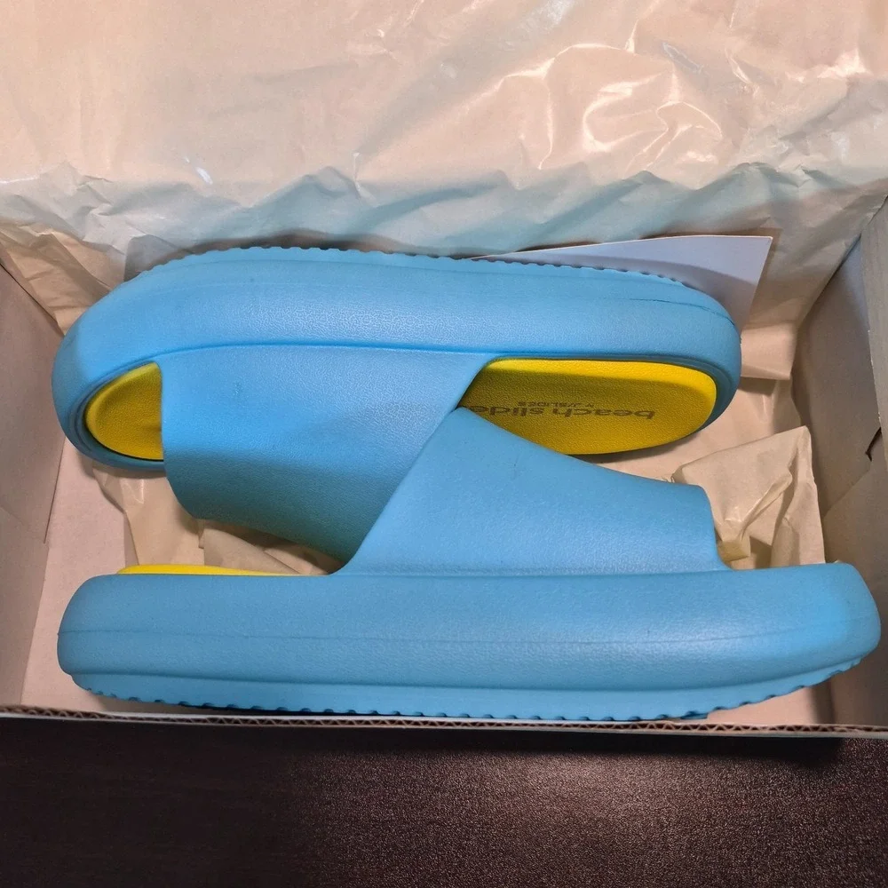 New In Box Beach Slides By J/Slides Blue/Yellow Eva Squish S-8 Chunky Minimalist
